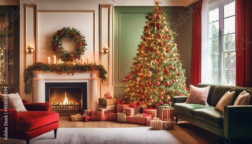 Classic Red and Green Christmas Magic
Imagine a cozy living room adorned with classic red and green decorations.