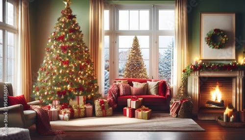 Classic Red and Green Christmas Magic
Imagine a cozy living room adorned with classic red and green decorations.