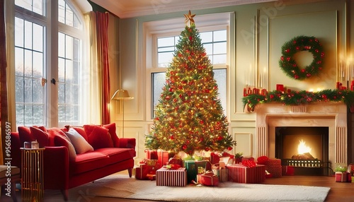 Classic Red and Green Christmas Magic
Imagine a cozy living room adorned with classic red and green decorations.