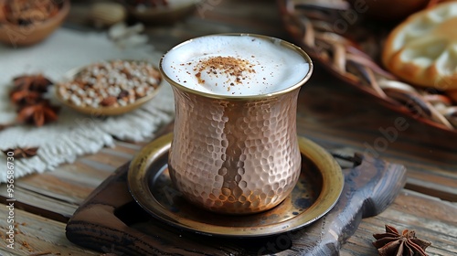 Traditional Turkish ayran in copper cup, frothy and cold, placed on a rustic table with traditional Turkish decor. 