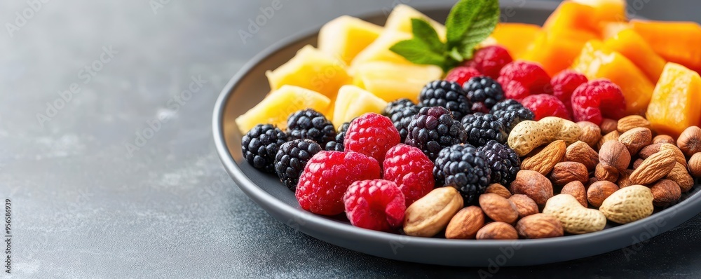 Colorful plate of mixed fruits and nuts, brain-stimulating snack, healthy and natural energy boost Colorful plate of mixed fruits and nuts, brain-stimulating snack, healthy and natural energy boost
