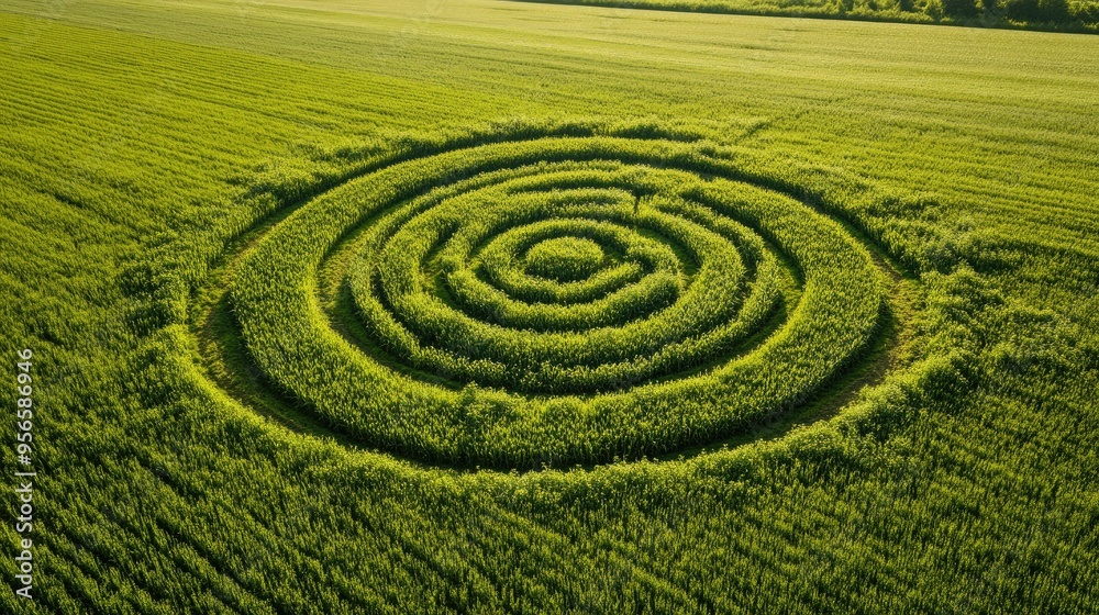 A crop circle pattern icon, symbolizing agricultural innovation, on a green field background. A crop circle pattern icon, symbolizing agricultural innovation, on a green field background.