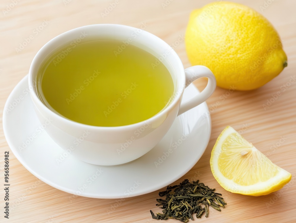 Cup of green tea with a lemon wedge on the side, rich in antioxidants, brain-stimulating beverage Cup of green tea with a lemon wedge on the side, rich in antioxidants, brain-stimulating beverage