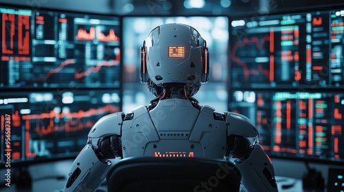Wallpaper Mural Ai-powered robot analyzing stock market data on multiple computer screens in a dimly lit office Torontodigital.ca