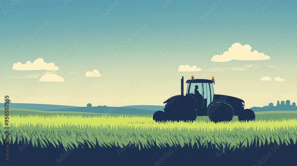 Fototapeta premium A tractor silhouette icon on a green field, symbolizing modern agriculture and farming.