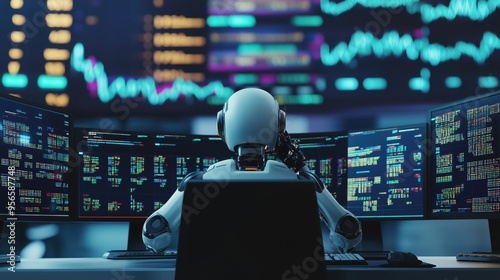 Robot stock trader utilizes several computer screens to evaluate financial data and execute investment choices photo