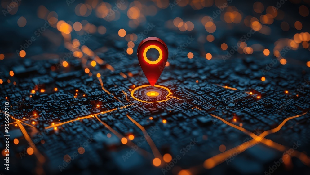 A red location pin icon on top of an interactive city map, surrounded by glowing yellow lines and orange dots representing streets in the background. A red location pin icon on top of an interactive city map, surrounded by glowing yellow lines and orange dots representing streets in the background.