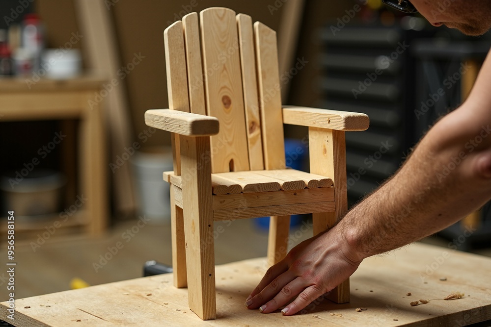 A person creating a handmade wooden chair, suitable for interior design or furniture photography A person creating a handmade wooden chair, suitable for interior design or furniture photography