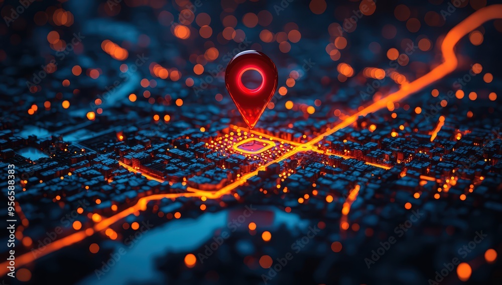 A red location pin on the city map, surrounded by glowing orange lines and yellow dots representing streets. A red location pin on the city map, surrounded by glowing orange lines and yellow dots representing streets.