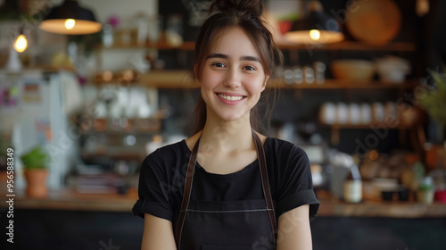 Smiling young woman in a black apron works as a barista in a coffee shop