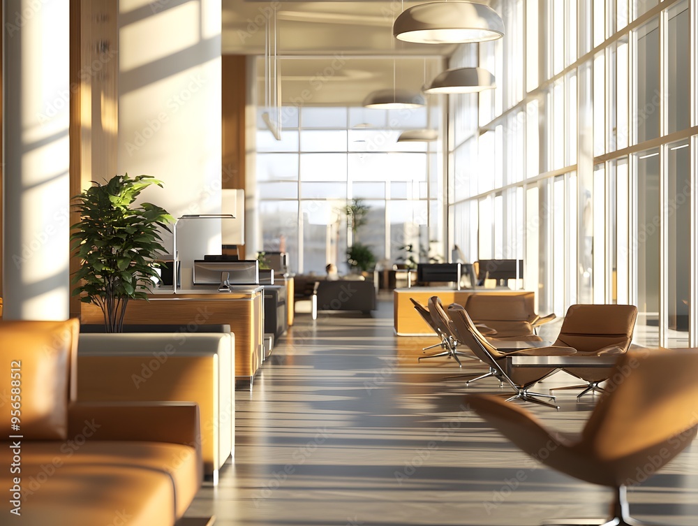 Modern Office Interior with Sunlight Streaming Through Windows Modern Office Interior with Sunlight Streaming Through Windows