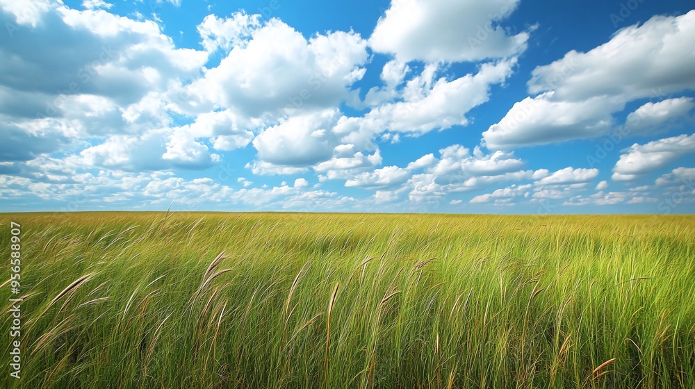 Lush green grass field under a blue sky with puffy white clouds. Lush green grass field under a blue sky with puffy white clouds.