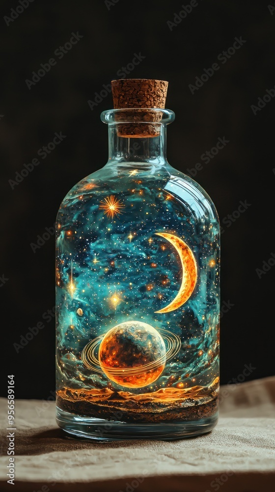 Cosmic scene in glass bottle with crescent moon image
