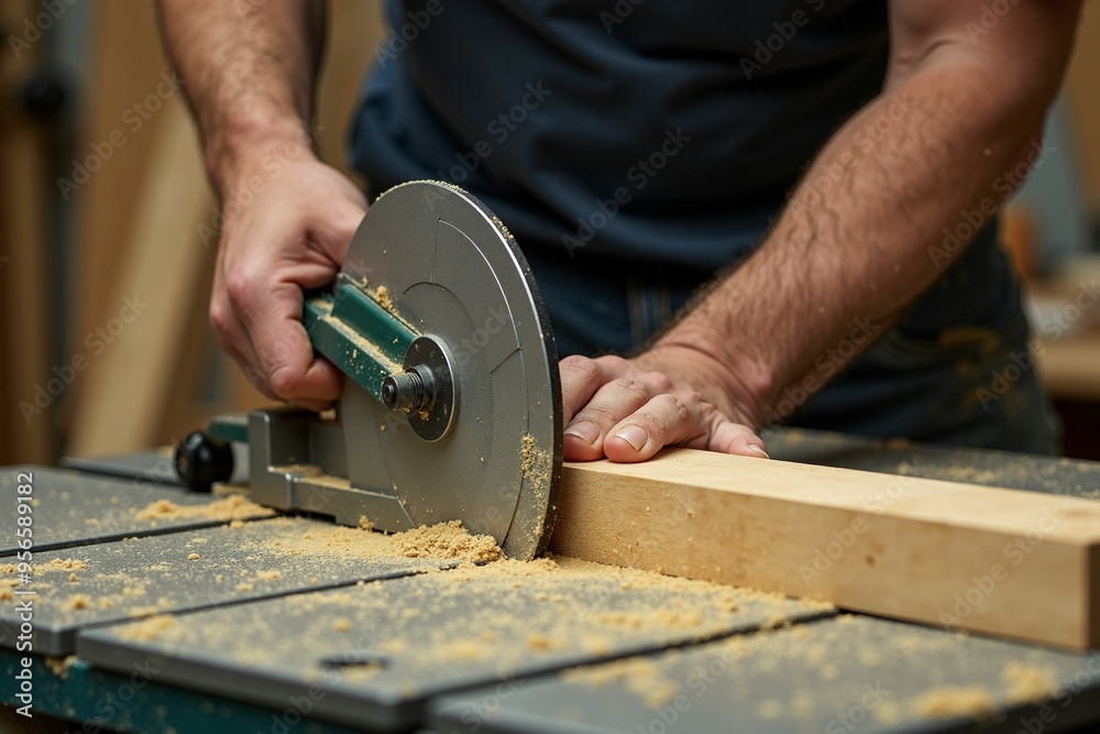 A person uses a circular saw to cut a wooden plank A person uses a circular saw to cut a wooden plank