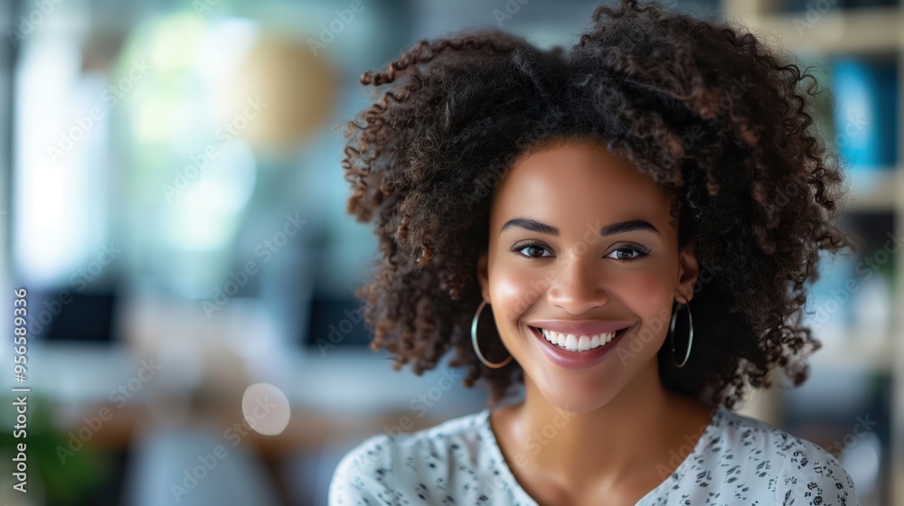 Successful young professional woman exudes confidence and positivity in a modern office, representing ambition, diversity, and inclusion Successful young professional woman exudes confidence and positivity in a modern office, representing ambition, diversity, and inclusion