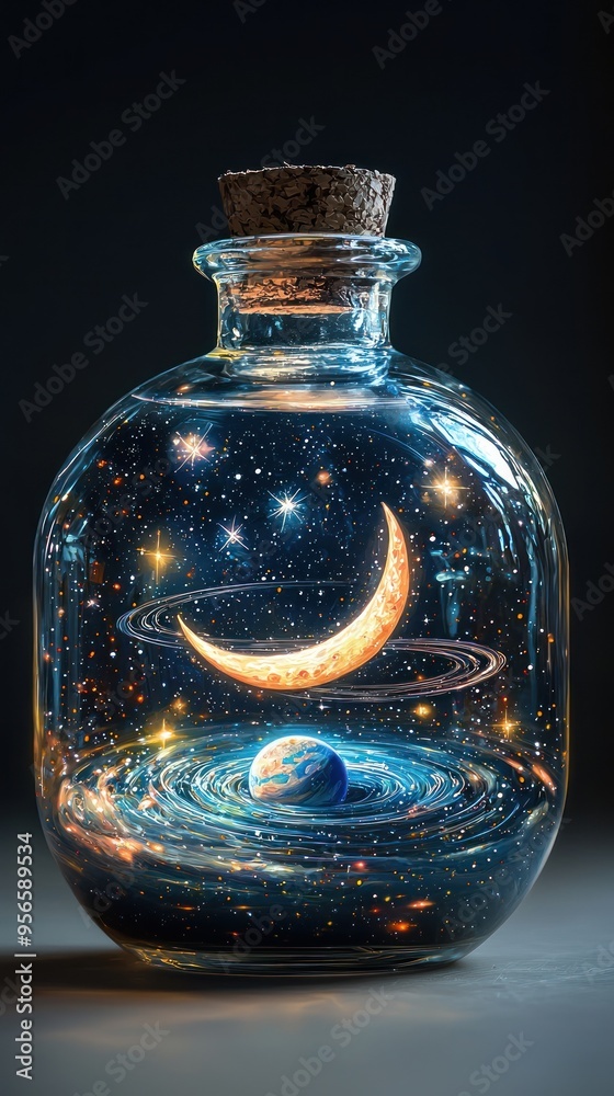 Cosmic bottle with crescent moon, planets, and galaxy art. Cosmic bottle with crescent moon, planets, and galaxy art.