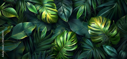 Vibrant tropical leaves with lush green tones and bright highlights, featuring various leaf types in an intricately layered, exotic botanical arrangement that radiates freshness and natural beauty photo