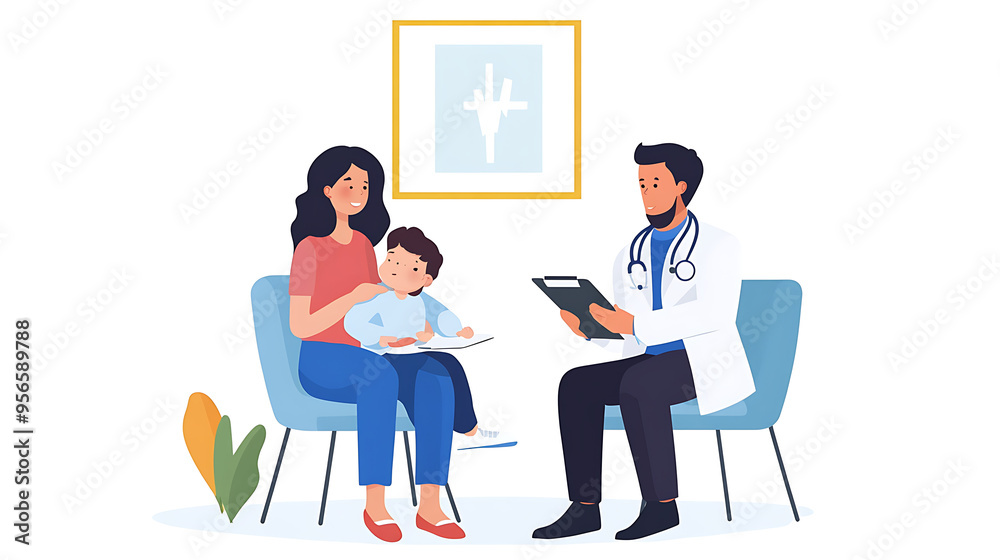 Fototapeta premium Mother and son visiting doctor for medical consultation