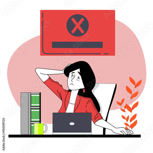 Woman feel stress in office. Headache while working with computer and documents. Work load deadline. Stress at work.