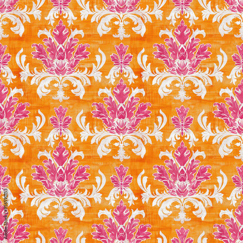 Bold pink floral damask pattern with white ornamental elements on a bright orange textured background in a seamless design.