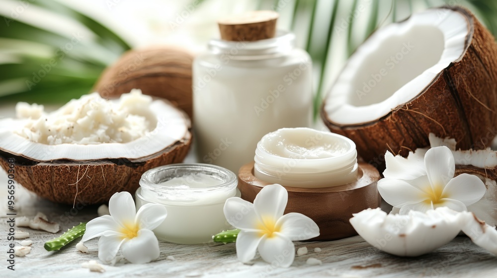 Natural skincare products displayed with coconut shells and tropical flowers on a wooden surface in a serene setting Natural skincare products displayed with coconut shells and tropical flowers on a wooden surface in a serene setting