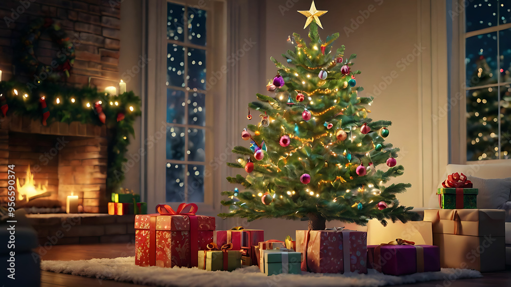 Festive Christmas Tree Scene with Lush Green Tree, Colorful Ornaments, Twinkling Lights, Shimmering Star Topper, Tinsel, Ribbons, Wrapped Presents, and Dreamy Bokeh Background Festive Christmas Tree Scene with Lush Green Tree, Colorful Ornaments, Twinkling Lights, Shimmering Star Topper, Tinsel, Ribbons, Wrapped Presents, and Dreamy Bokeh Background