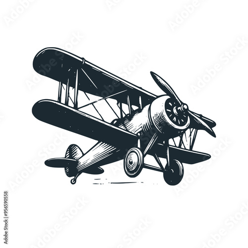 Airplane isolated on white. The vintage air craft. Black white vector illustration.
