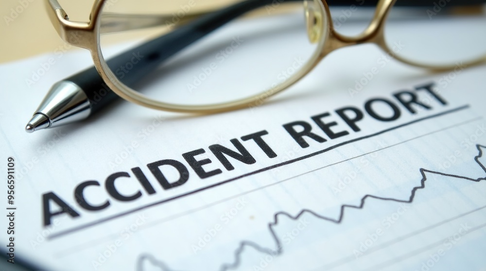 Accident report document with pen and eyeglasses on desk Accident report document with pen and eyeglasses on desk