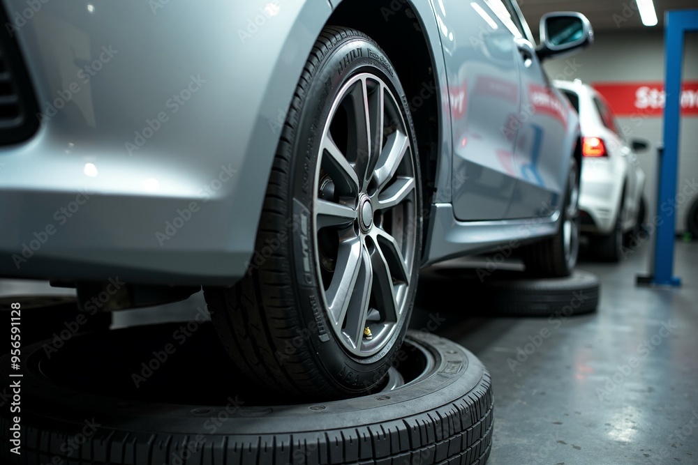 A close-up shot of a tire on a car in a garage, providing a detailed view A close-up shot of a tire on a car in a garage, providing a detailed view