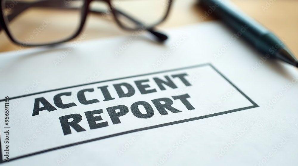 Accident report document with pen and glasses on desk Accident report document with pen and glasses on desk