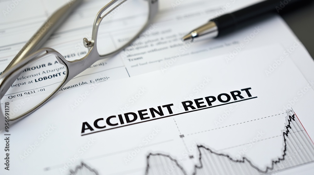Accident report document with glasses and pen on desk Accident report document with glasses and pen on desk