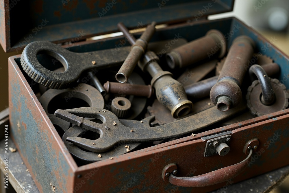 A suitcase filled with various tools sits on a table, ready for use A suitcase filled with various tools sits on a table, ready for use
