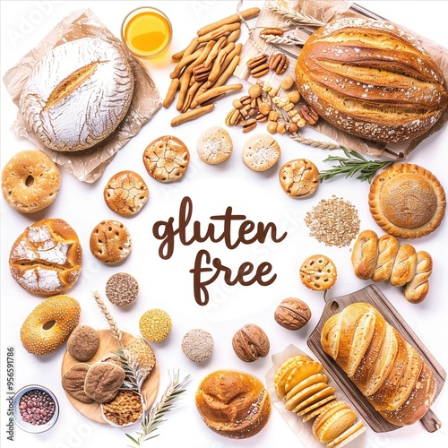 Assorted gluten-free bread and pastries arranged in a circle with text in the center on a white background photo