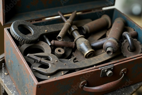 A suitcase filled with various tools sits on a table, ready for use