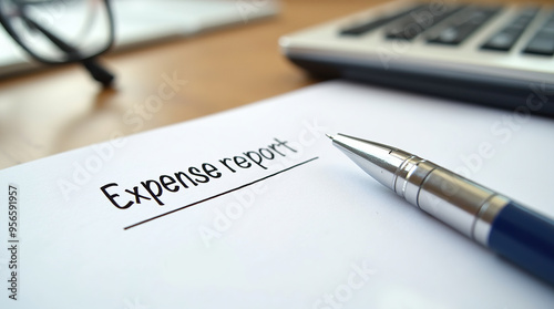 Closeup of expense report with pen and calculator on table