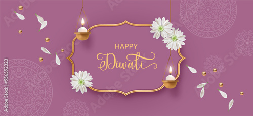 Diwali festival background with hanging diya lamp, golden frame, white flowers and petals
