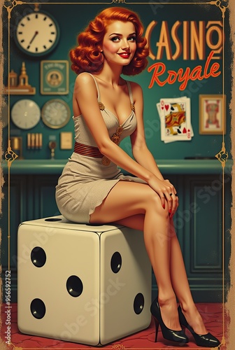 1940s-inspired poster of a pin-up casino girl on dice
