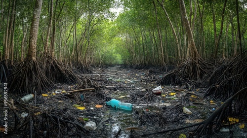 A dense mangrove forest, with the roots entangled in a mix of natural debris and human waste photo