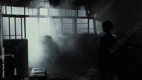A boy stands in a room as smoke fills the space, creating a mysterious and suspenseful atmosphere. Ideal for thriller and dramatic themes.
