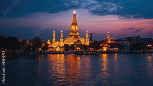 Wat Arun illuminated at dusk with its ornate spires glowing against the twilight sky, reflections shimmering on the Chao Phraya River below