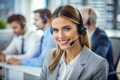 Smiling Caucasian Female Customer Service Operator on office background