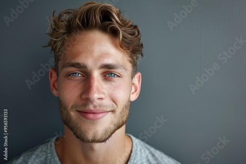 Close up portrait of attractive young man on gray background with copy space