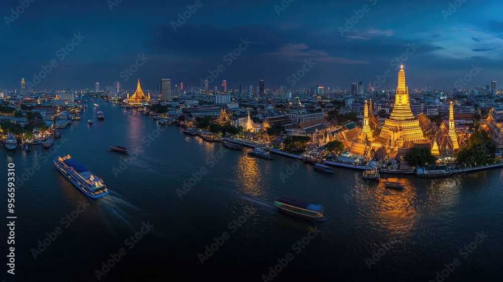 Obraz premium Wide-angle view of Wat Arun brightly lit in the evening, boats passing by on the Chao Phraya River, with a vibrant Bangkok cityscape in the background