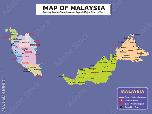 Geography politics map of countries. Map of country with capital, province or state capital, major cities and town.
