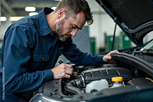 A person is working on a car engine in a garage, providing a shot of mechanical work and DIY skills