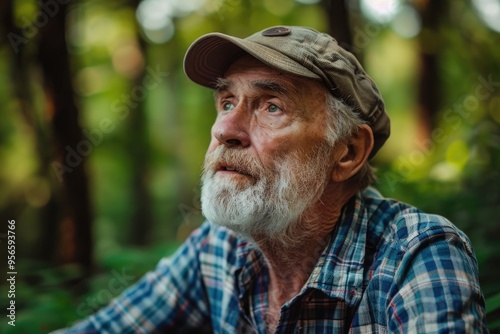 Senior man in cap sitting in woods on summer day.