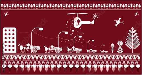Warli painting
 Warli art, a cart is passing through the city, in sky, a helicopter is showering flowers, and a flock of birds is passing and a unique sight is visible.Worli maharashtra Worli Gujarat 
