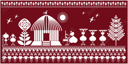 warli painting, helicopter flying through flower ,tribal woman is walking through a wood-picking path,warli atr in the sky, birds, sun, open sky, village wall Art,maharashtra, Worli Art Gujarat, Worli