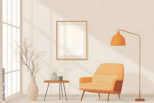 "Living Room Decor Template with Poster, Armchair, Table, Lamp, Vase, and Accessories"