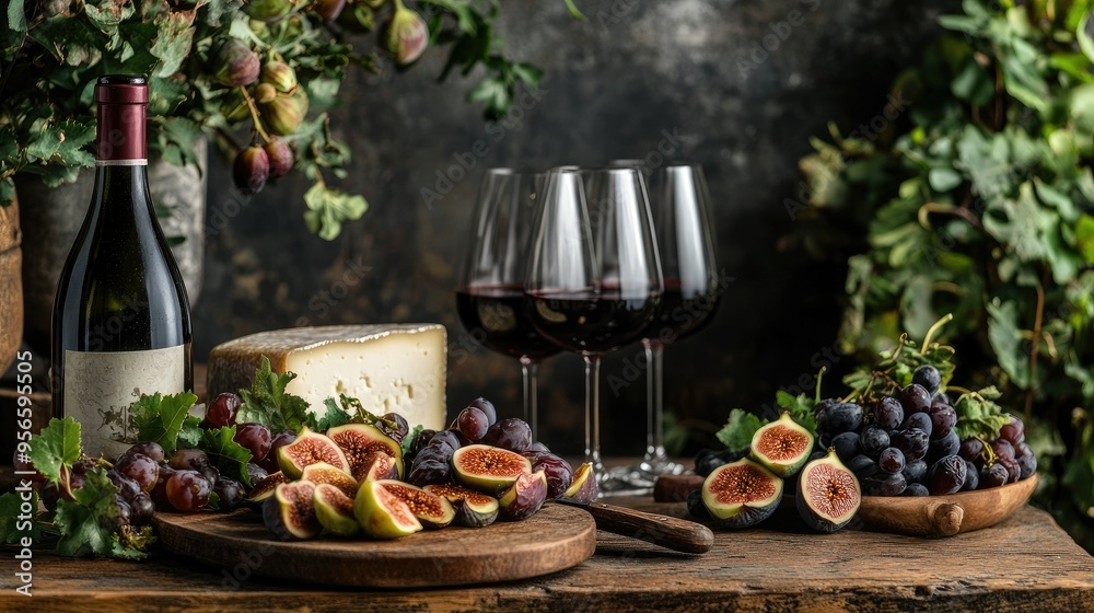 Fototapeta premium A rustic table setting with dates, figs, and cheese, with wine glasses in the background, creating an inviting scene for a gourmet meal
